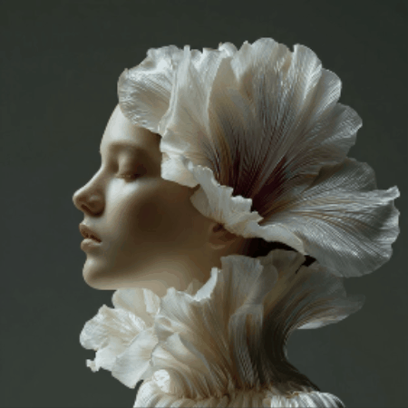 Portrait génératif d'un visage se fondant dans une fleur aux pétales de porcelaine et nervures pourpres, travail d'intelligence artificielle